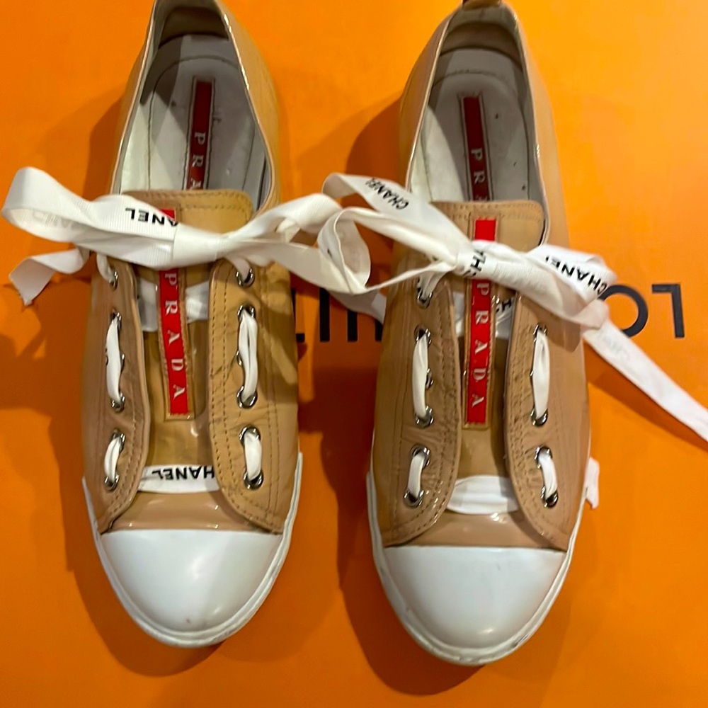 Prada leather tan & white sneakers with Chanel, Louie Vuitton or Hermes laces